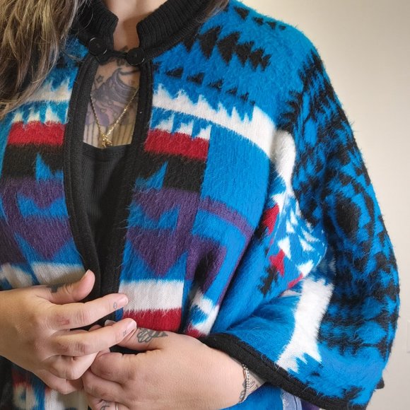 Made in Ecuador Southwestern Blanket Poncho Chief Joseph Super Soft Teal Blue - Picture 4 of 10